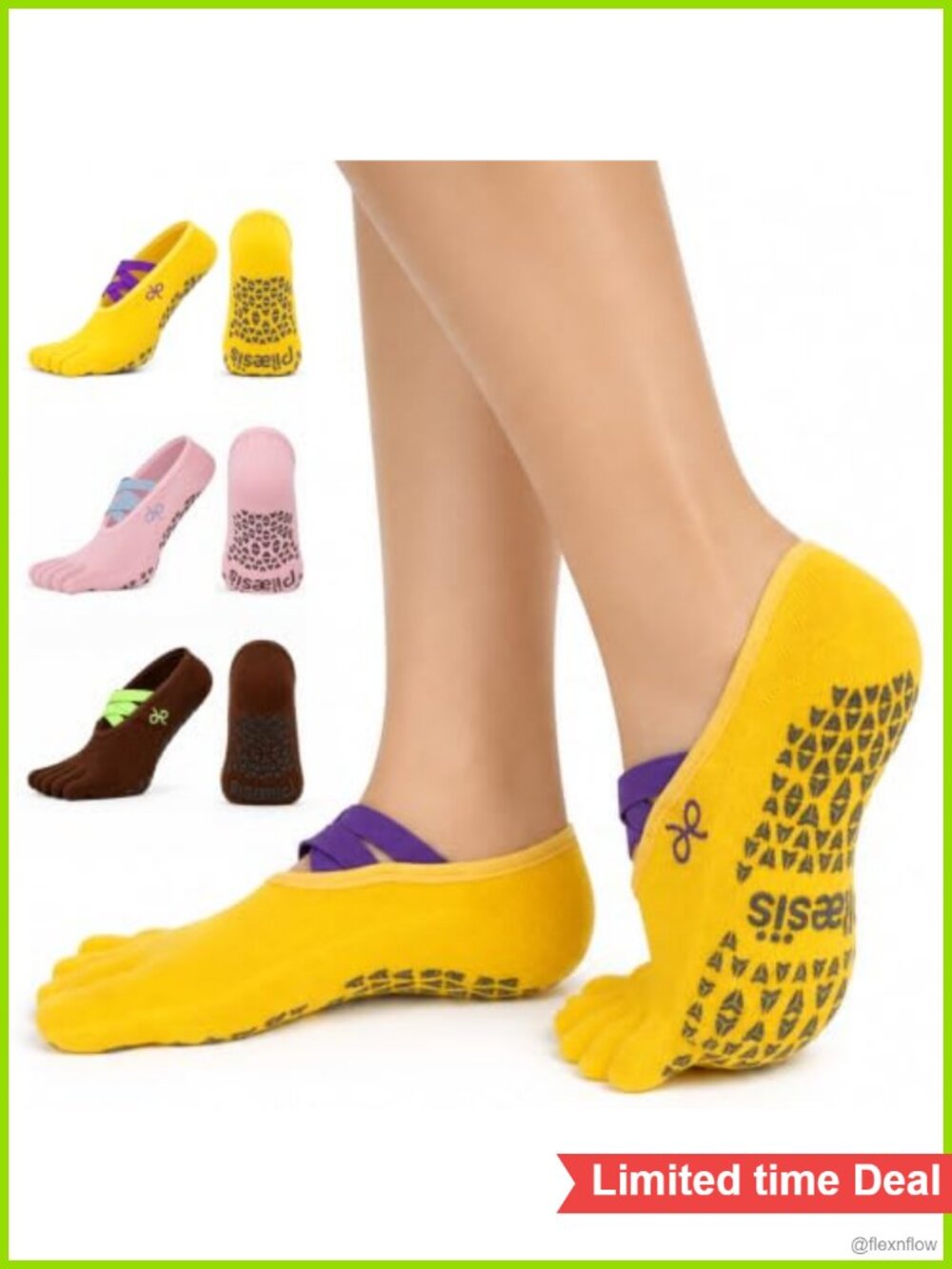 5 Toe Yoga Socks 3-Pack Cotton Blend Non Slip Grip Pilates Barre